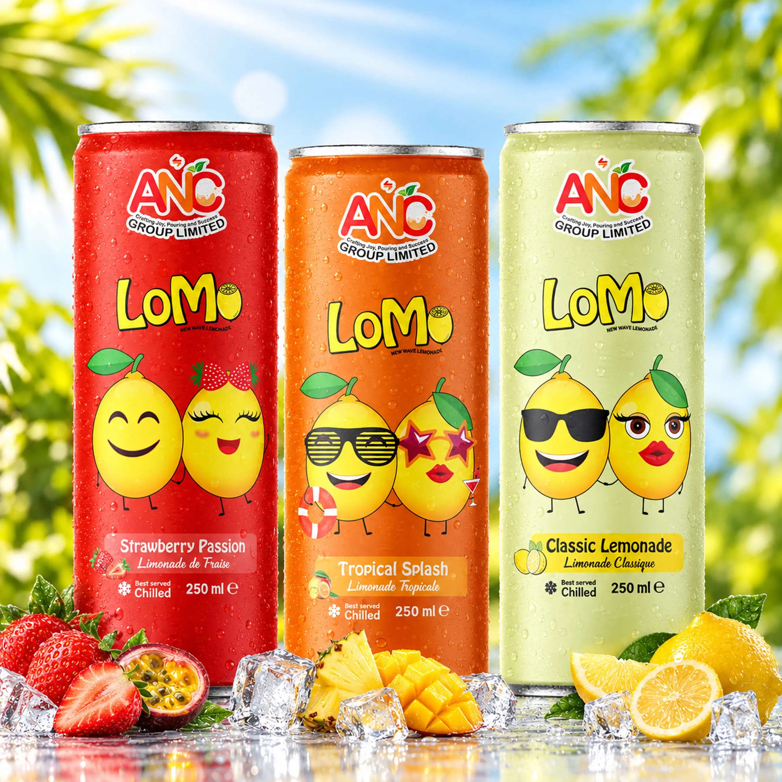 LoMo 250 mL cans featuring Kiwi Thunder, Exotic Chill, Classic Lemonade, Strawberry Passion, and Tropical Splash flavours with fresh fruit and ice.